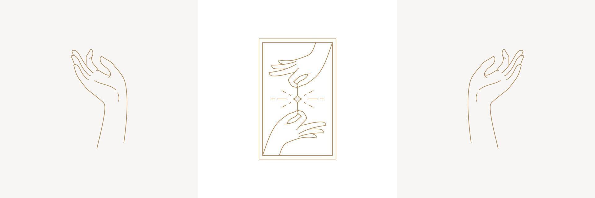 Magic woman praying hands and star in linear style illustrations set. vector