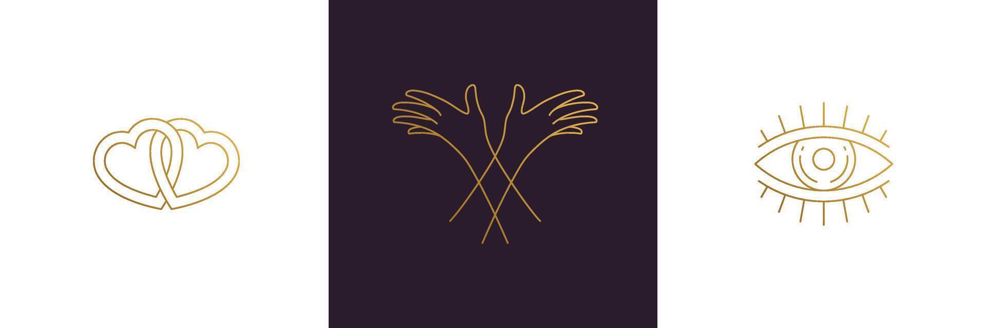 line elegant decoration design elements set - eye and female gesture hands illustrations minimal linear style vector