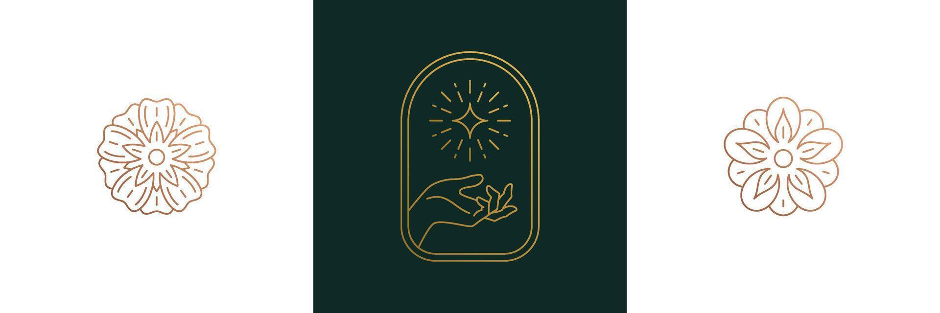 line feminine decoration design elements set - flowers and female gesture hands illustrations linear style vector