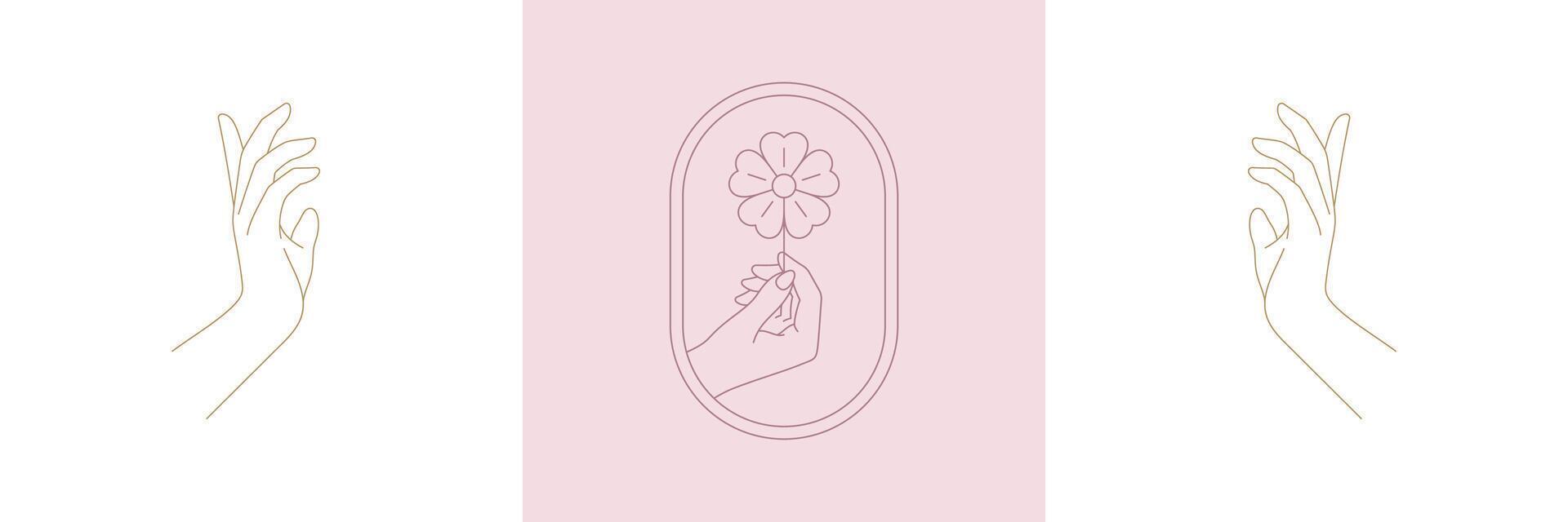 Hand holding flower and hands gesture in boho linear style illustrations set. vector