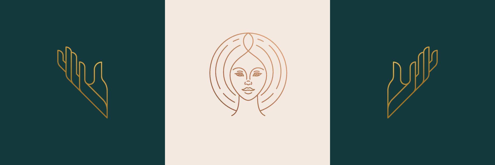 line feminine decoration design elements set - female face and gesture hands illustrations minimal linear style vector