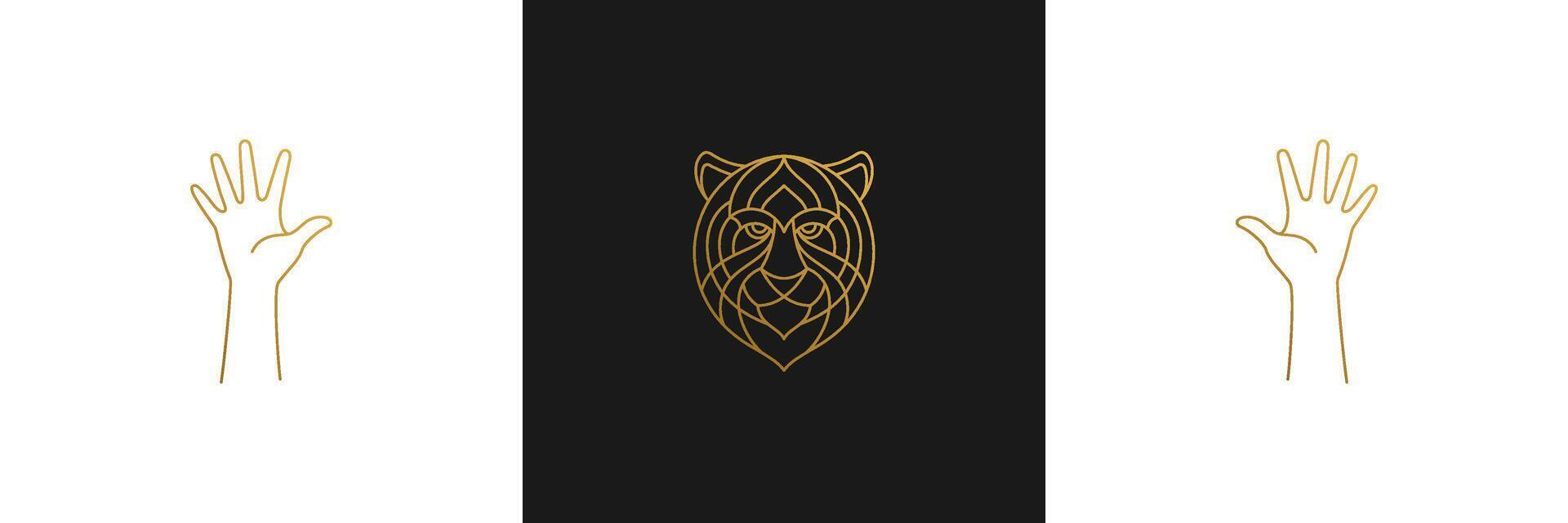 line elegant decoration design elements set - tiger head and gesture hands illustrations minimal linear style vector