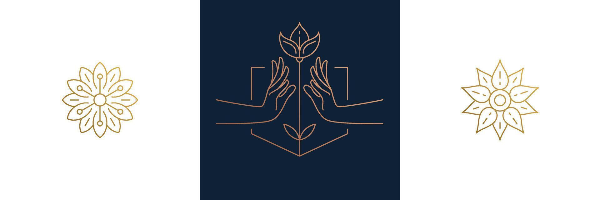 line feminine decoration design elements set - flowers and female gesture hands illustrations linear style vector