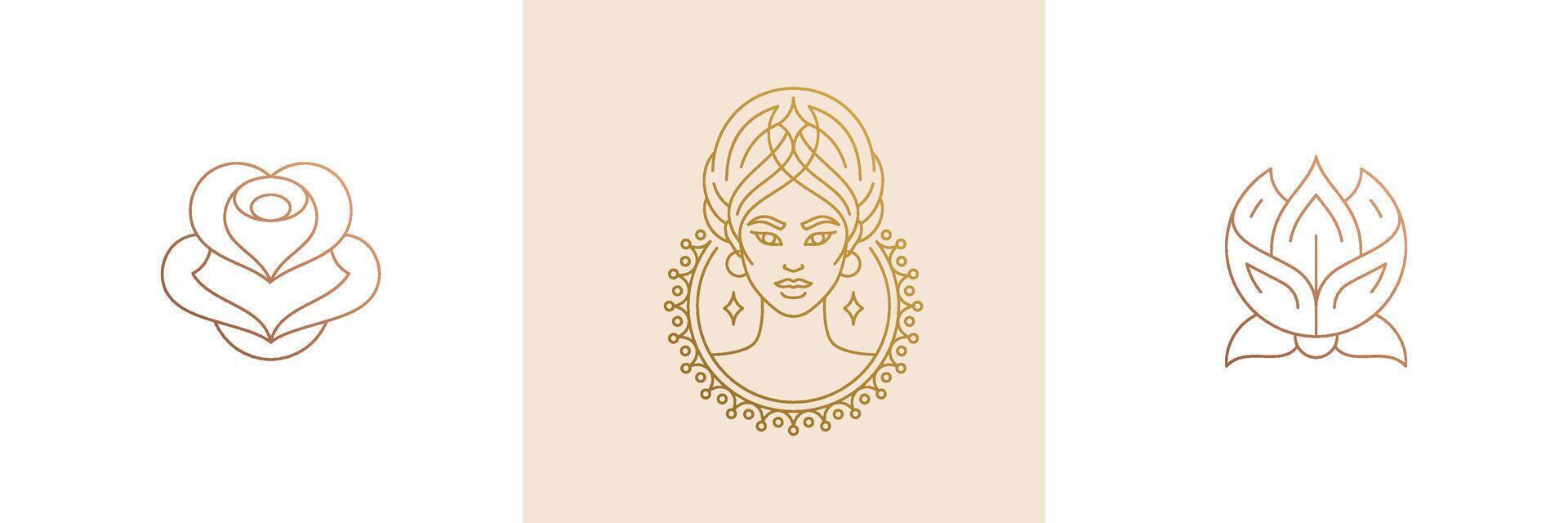 line feminine decoration design elements set - flowers and female gesture hands illustrations linear style vector