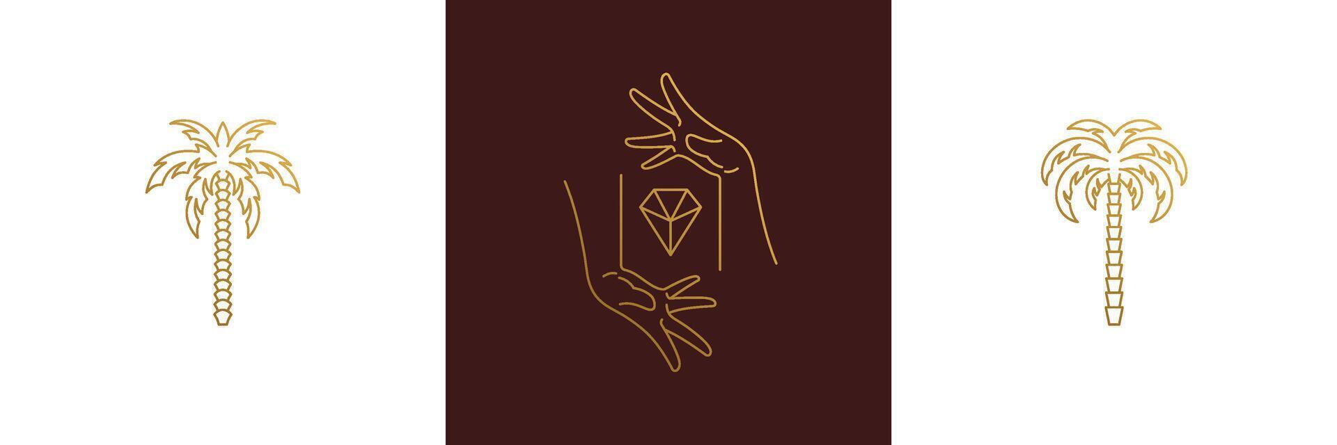 line elegant decoration design elements set -palm trees and female gesture hands illustrations linear style vector