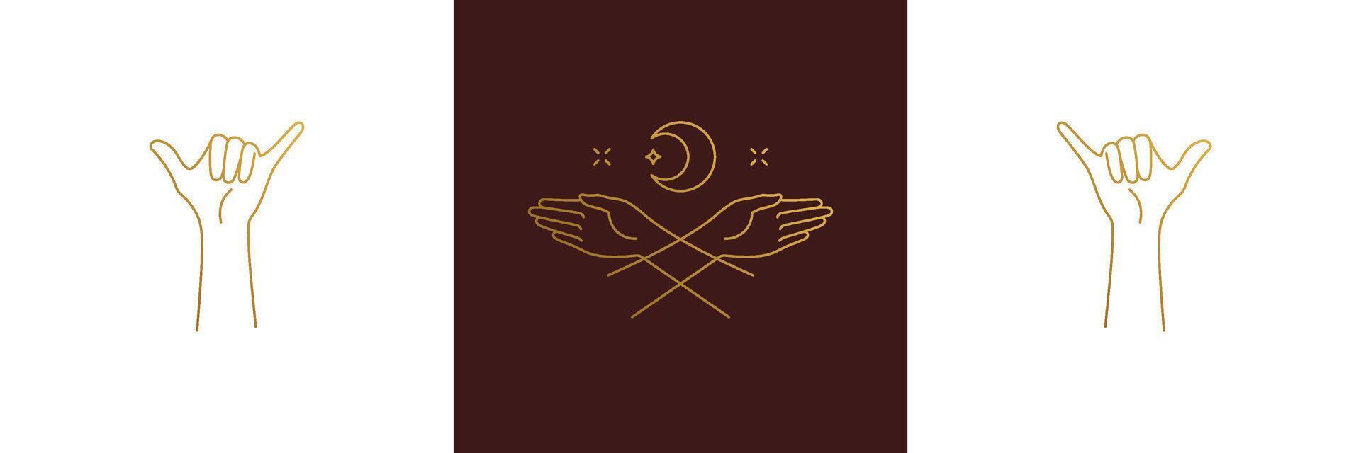 line feminine decoration design elements set - moon and female gesture hands illustrations minimal linear style vector