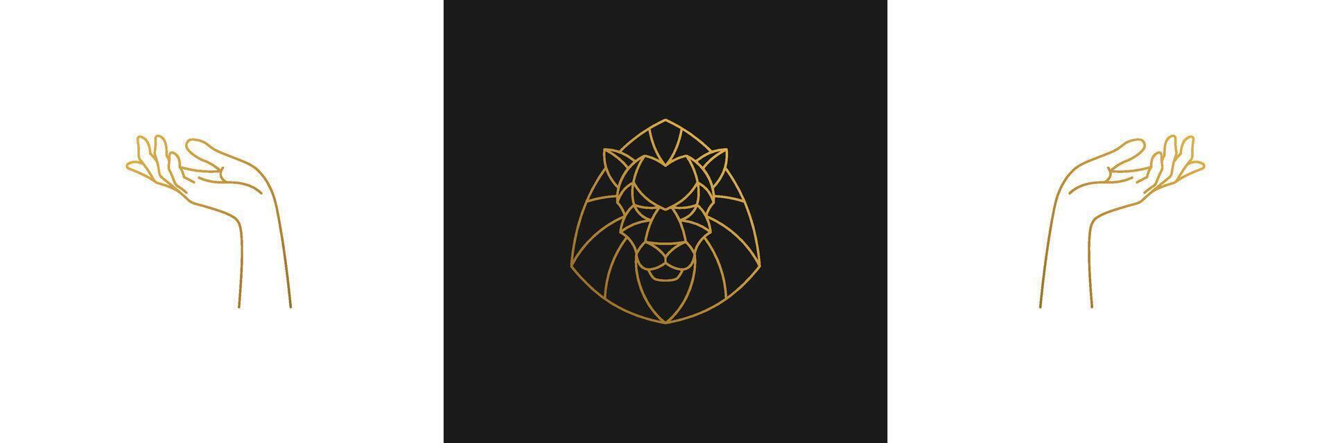 line elegant decoration design elements set - lion head and gesture hands illustrations minimal linear style vector