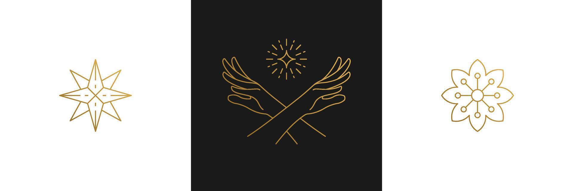line feminine decoration design elements set - flower and female gesture hands illustrations minimal linear style vector