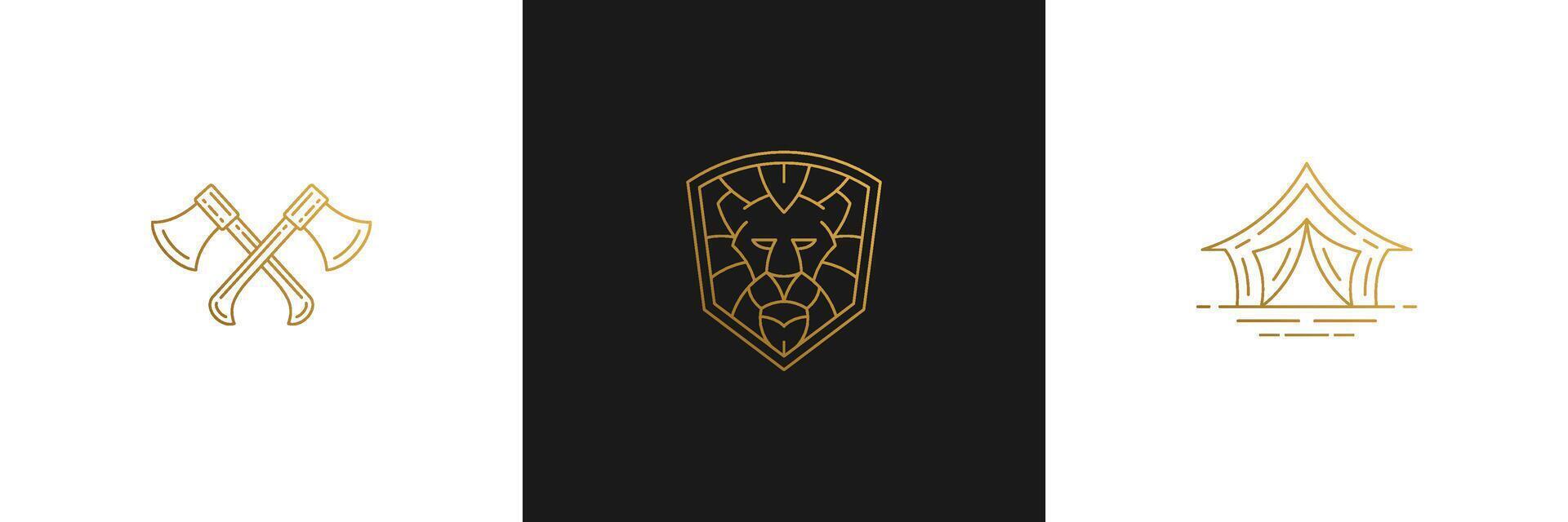 line elegant decoration design elements set - lion head and camp tent illustrations minimal linear style vector