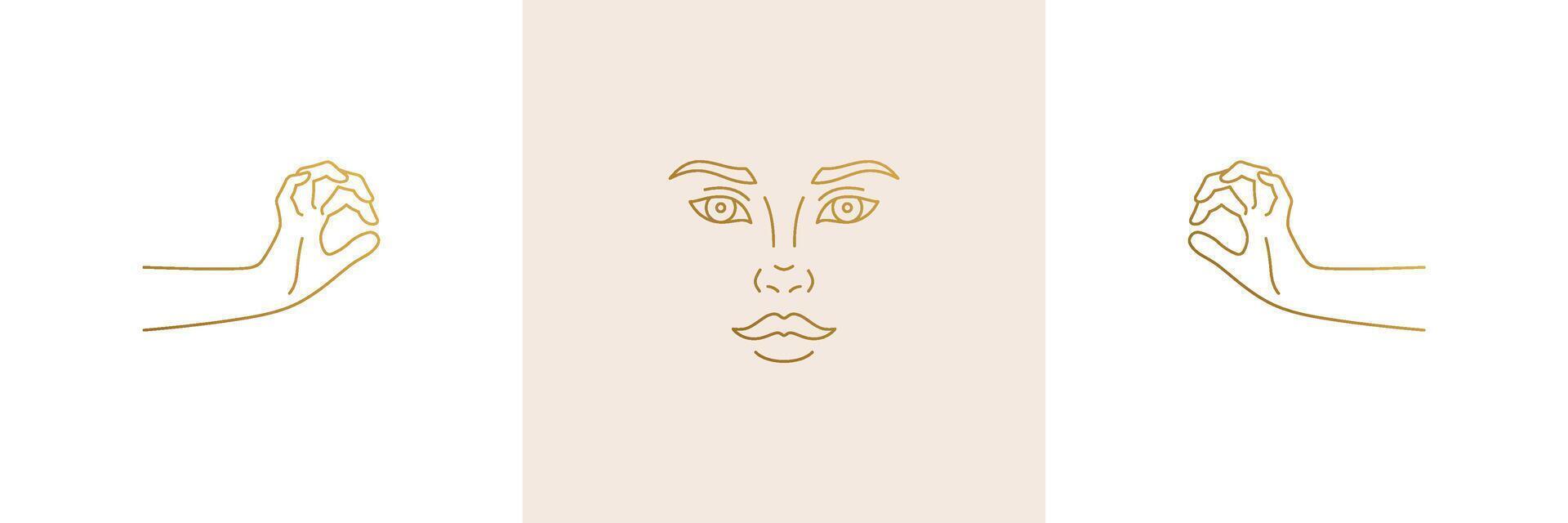 line feminine decoration design elements set - female face and gesture hands illustrations minimal linear style vector