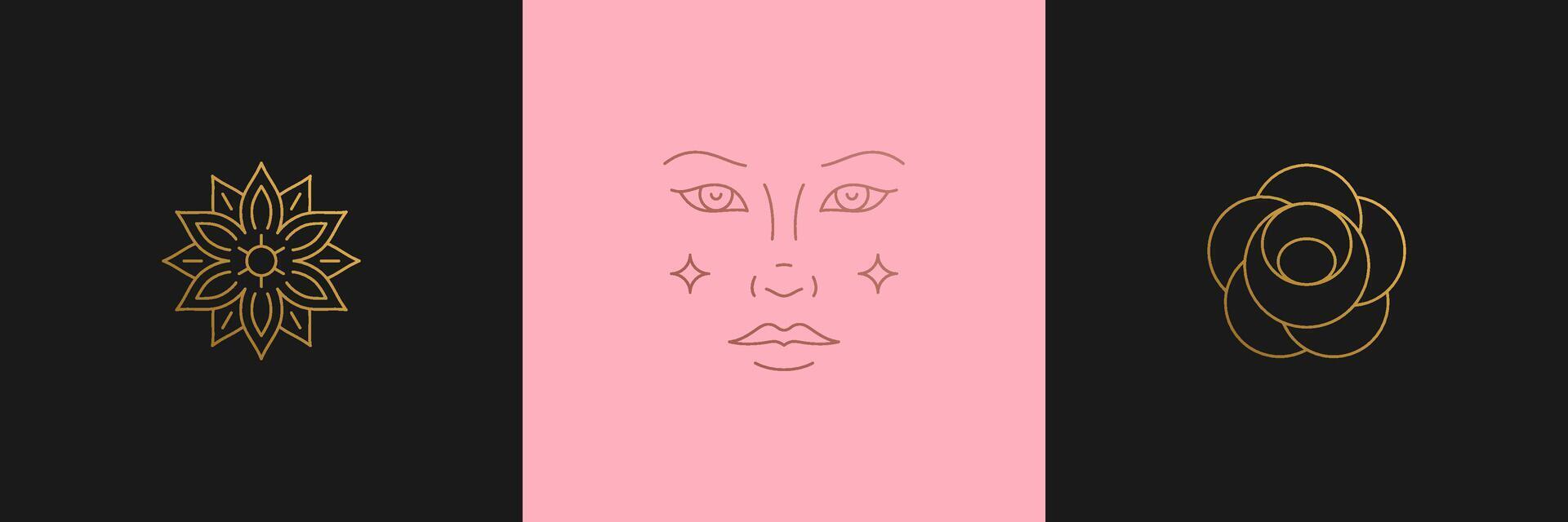 line feminine decoration design elements set - flowers and female gesture hands illustration minimal linear style vector