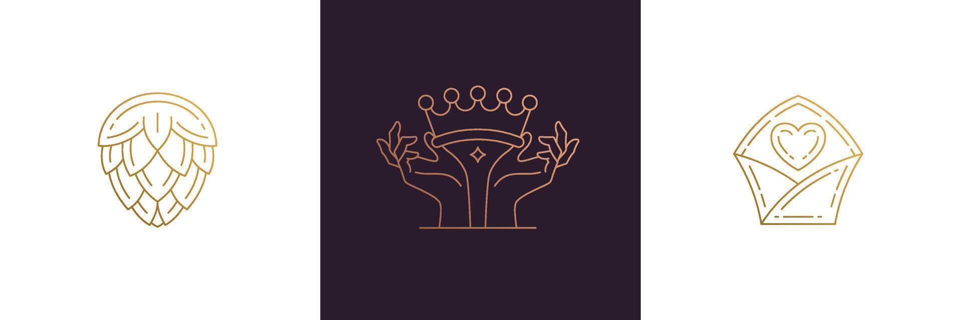 line feminine decoration design elements set - crown and female gesture hands illustrations minimal linear style vector