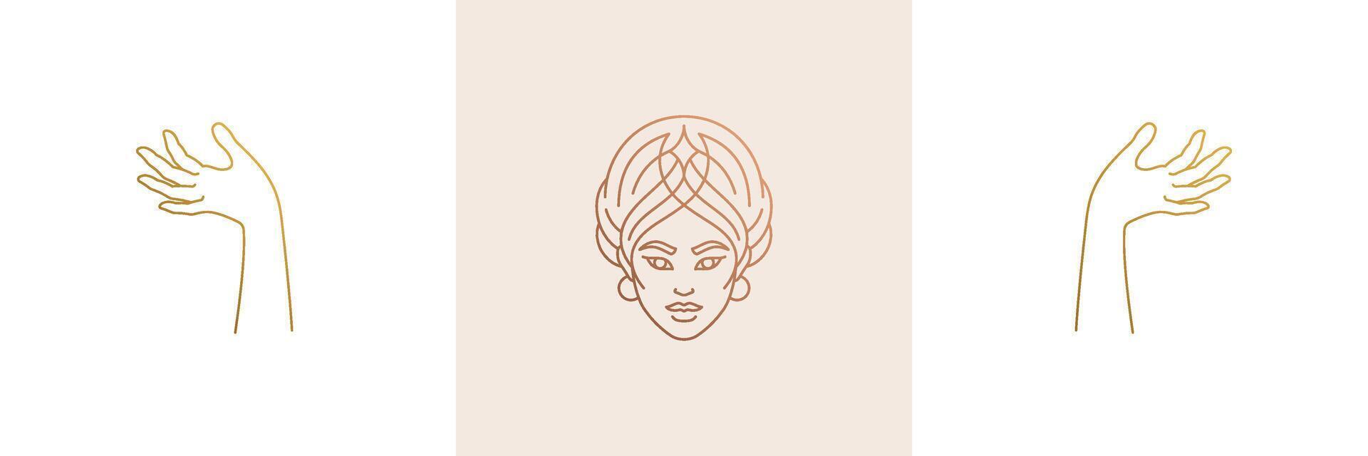 line feminine decoration design elements set - female face and gesture hands illustrations minimal linear style vector