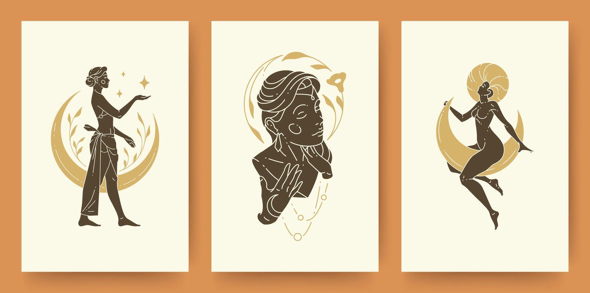 Set of abstract female portraits and silhouettes modern line art drawing style vector