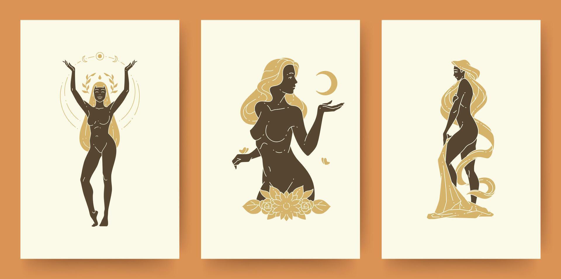 Set of abstract female portraits and silhouettes modern line art drawing style vector