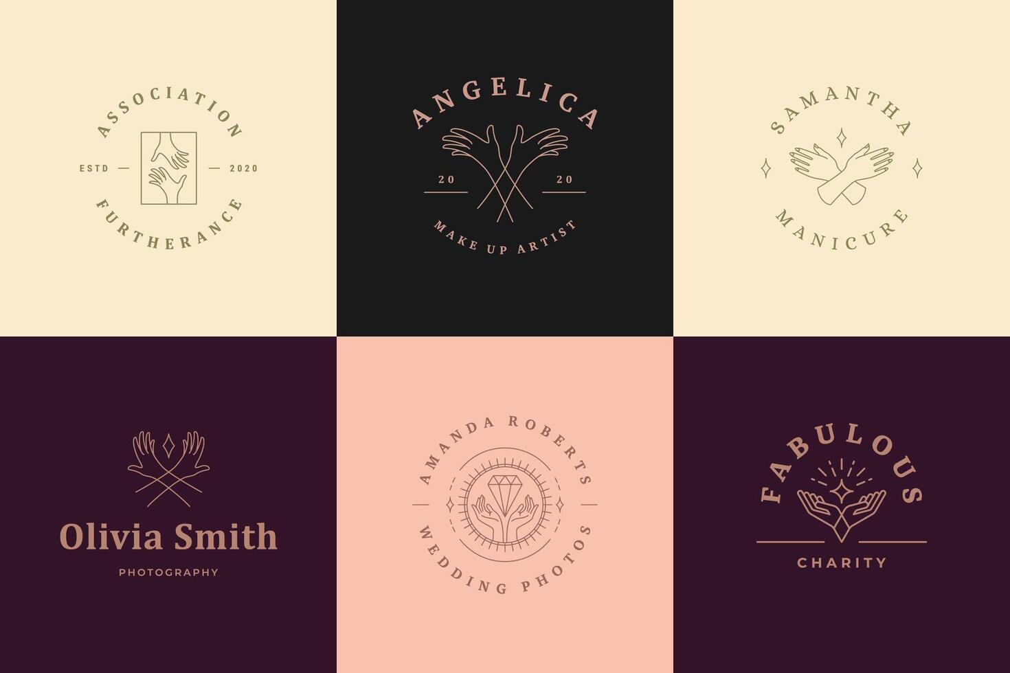 Feminine logos emblems design templates set with female hands gestures illustrations minimal linear style. vector
