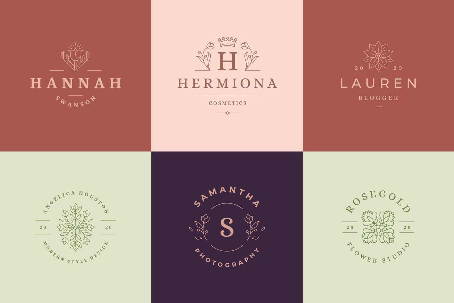 Flower logos emblems design templates set with botanical plants and rose illustrations minimal linear style. vector
