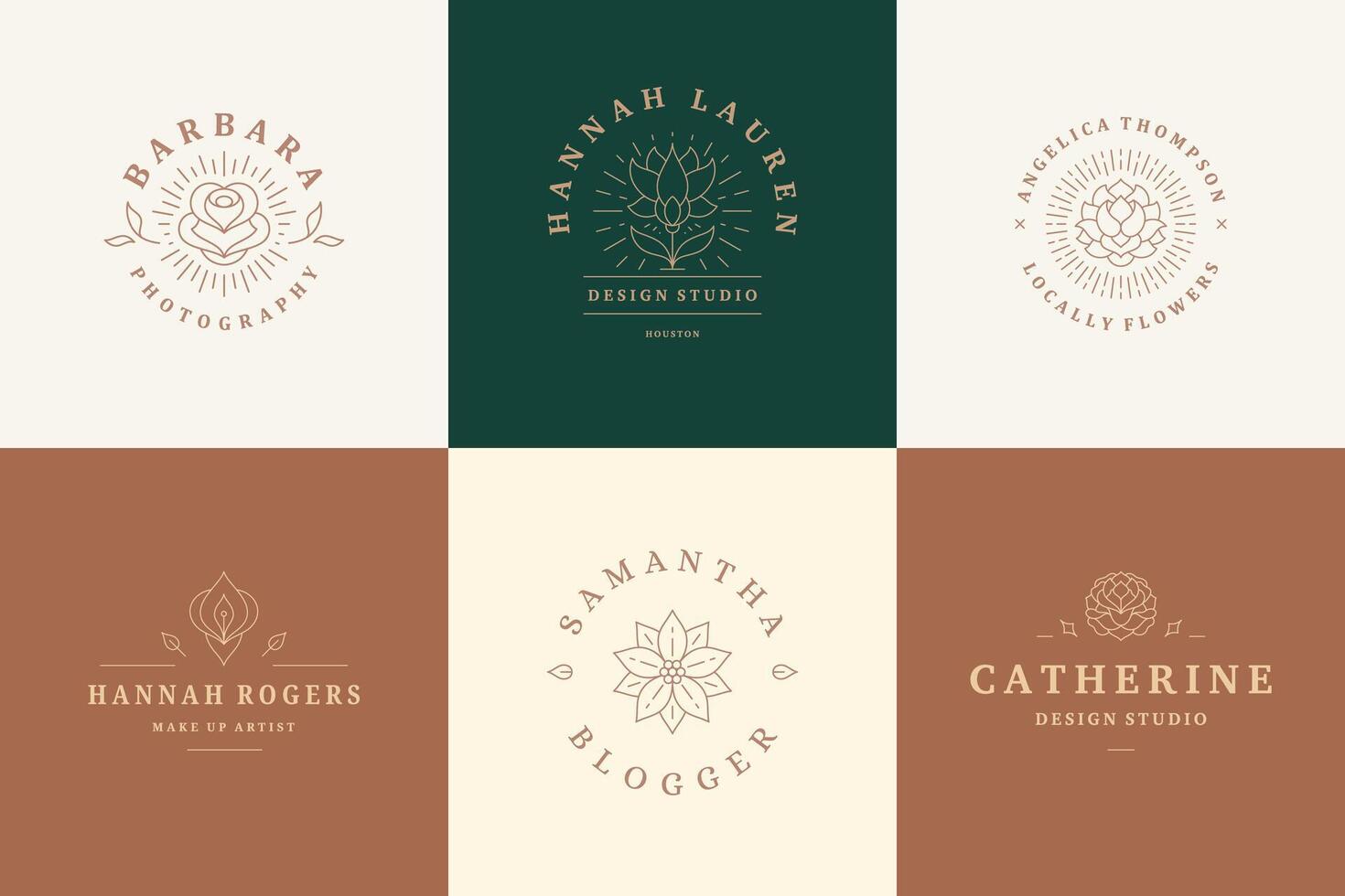 Flower logos emblems design templates set with botanical plants and rose illustrations minimal linear style. vector