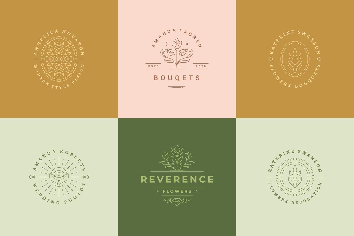 Flower logos emblems design templates set with botanical plants and rose illustrations minimal linear style. vector