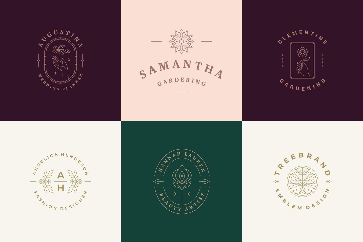 Flower logos emblems design templates set with botanical plants and rose illustrations minimal linear style. vector