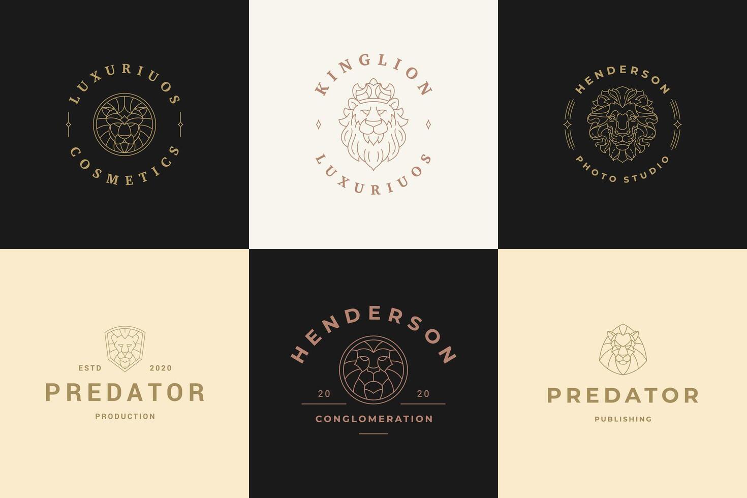 Lion head logos templates set linear illustration vector