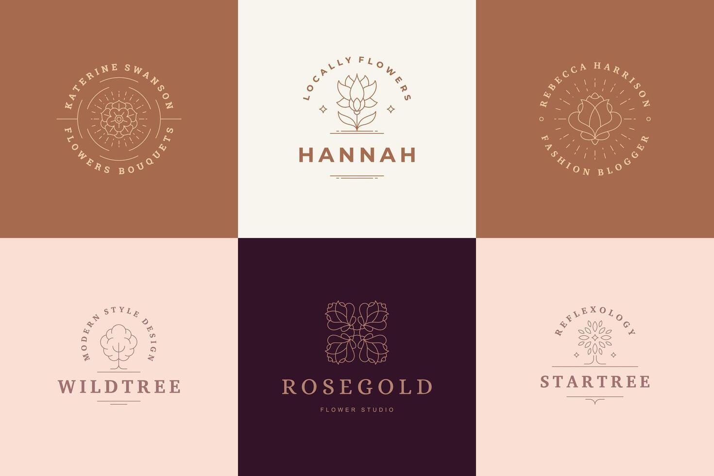 Flower logos emblems design templates set with botanical plants and rose illustrations minimal linear style. vector