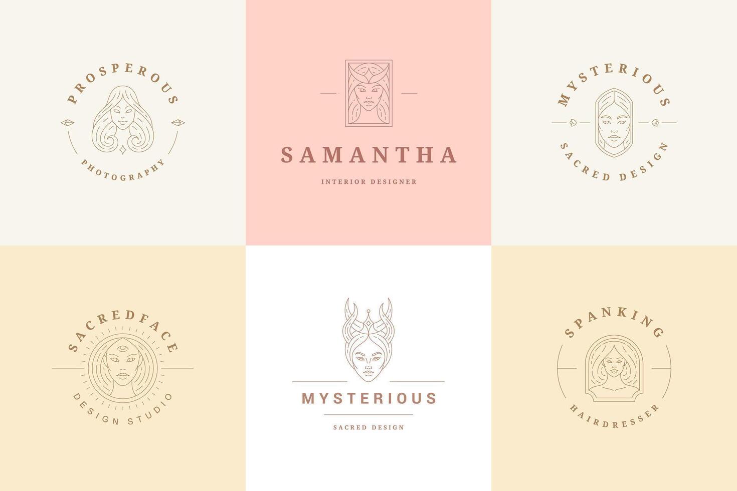 Feminine logos emblems design templates set with magic female portraits illustrations minimal linear style vector
