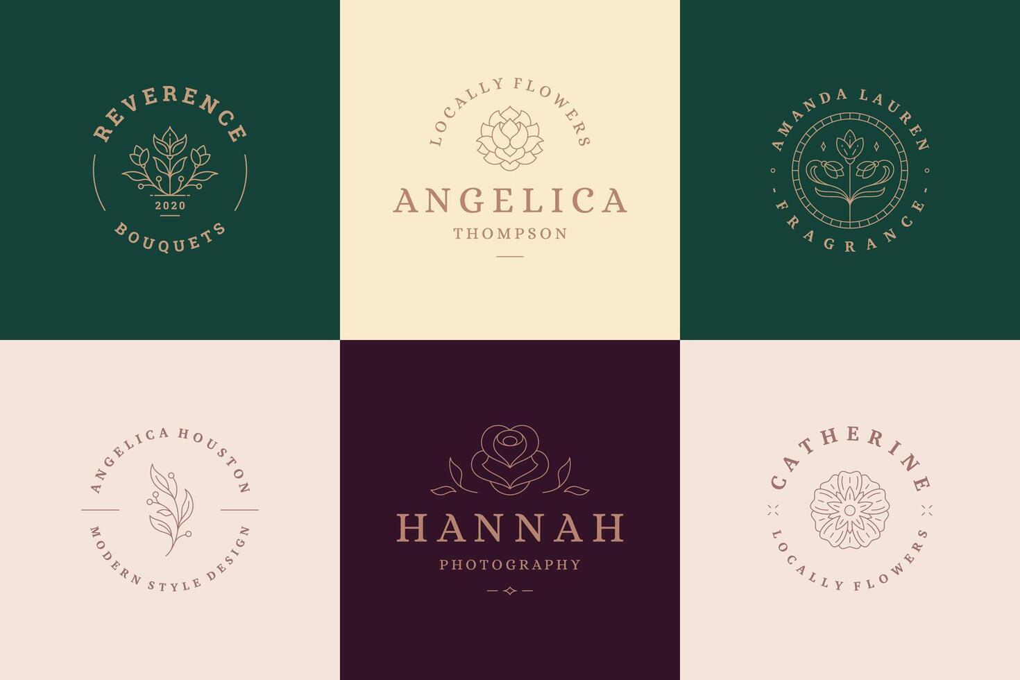 Flower logos emblems design templates set with botanical plants and rose illustrations minimal linear style. vector