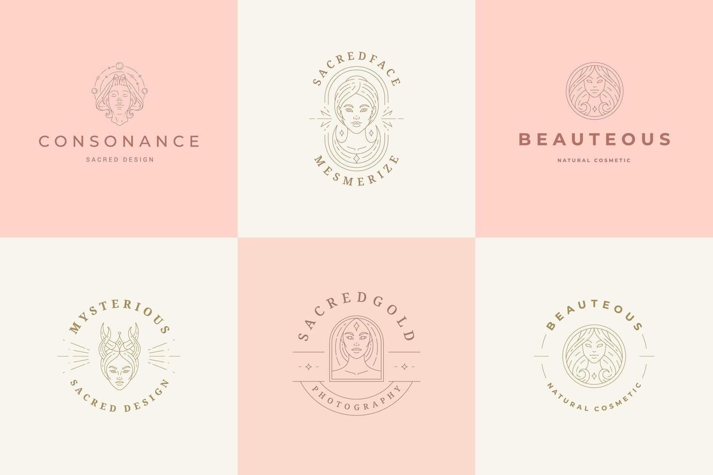 Feminine logos emblems design templates set with magic female portraits illustrations minimal linear style vector