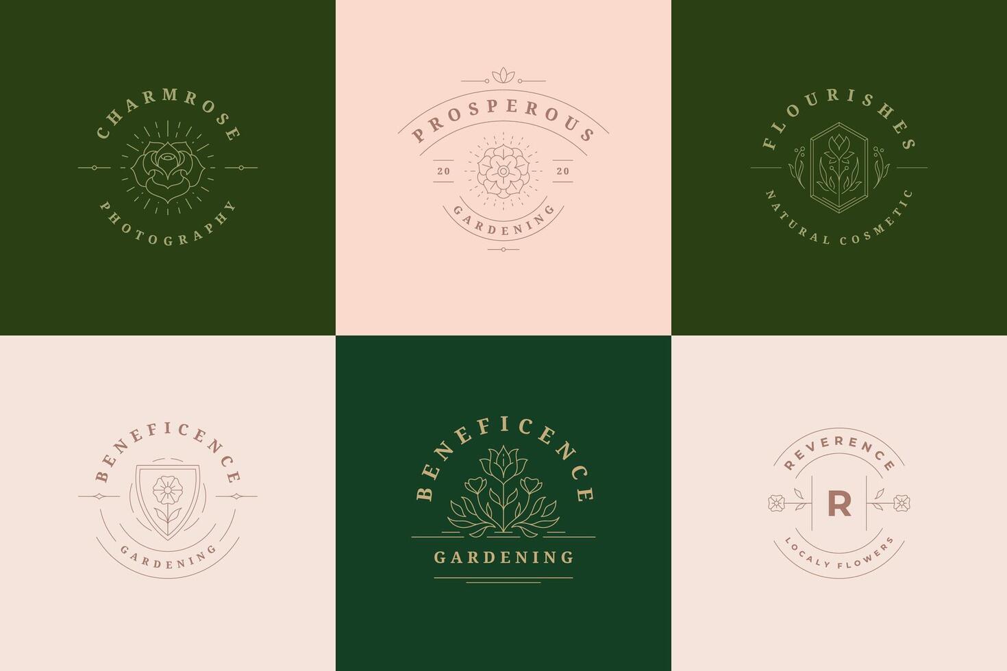 Flower logos emblems design templates set with botanical plants and rose illustrations minimal linear style. vector
