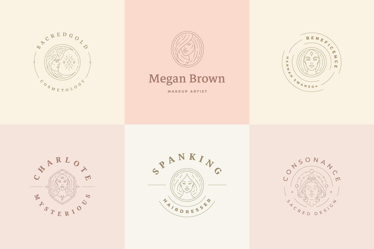 Women logos emblems design templates set with magic female portraits illustrations minimal linear style vector