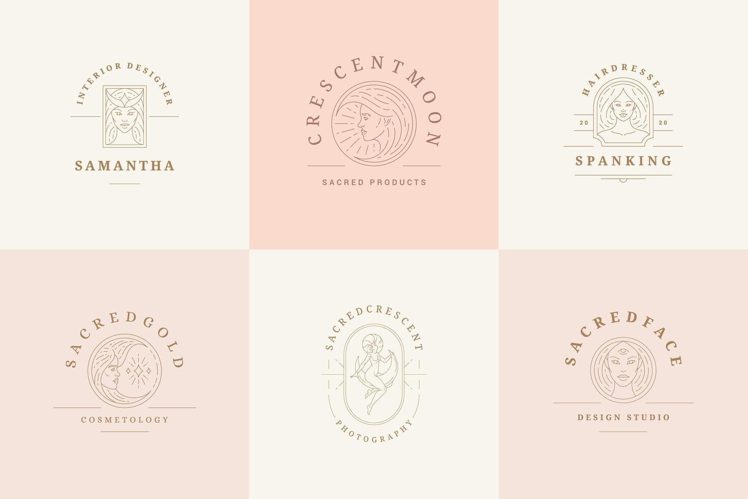 Feminine logos emblems design templates set with magic female illustrations minimal linear style vector