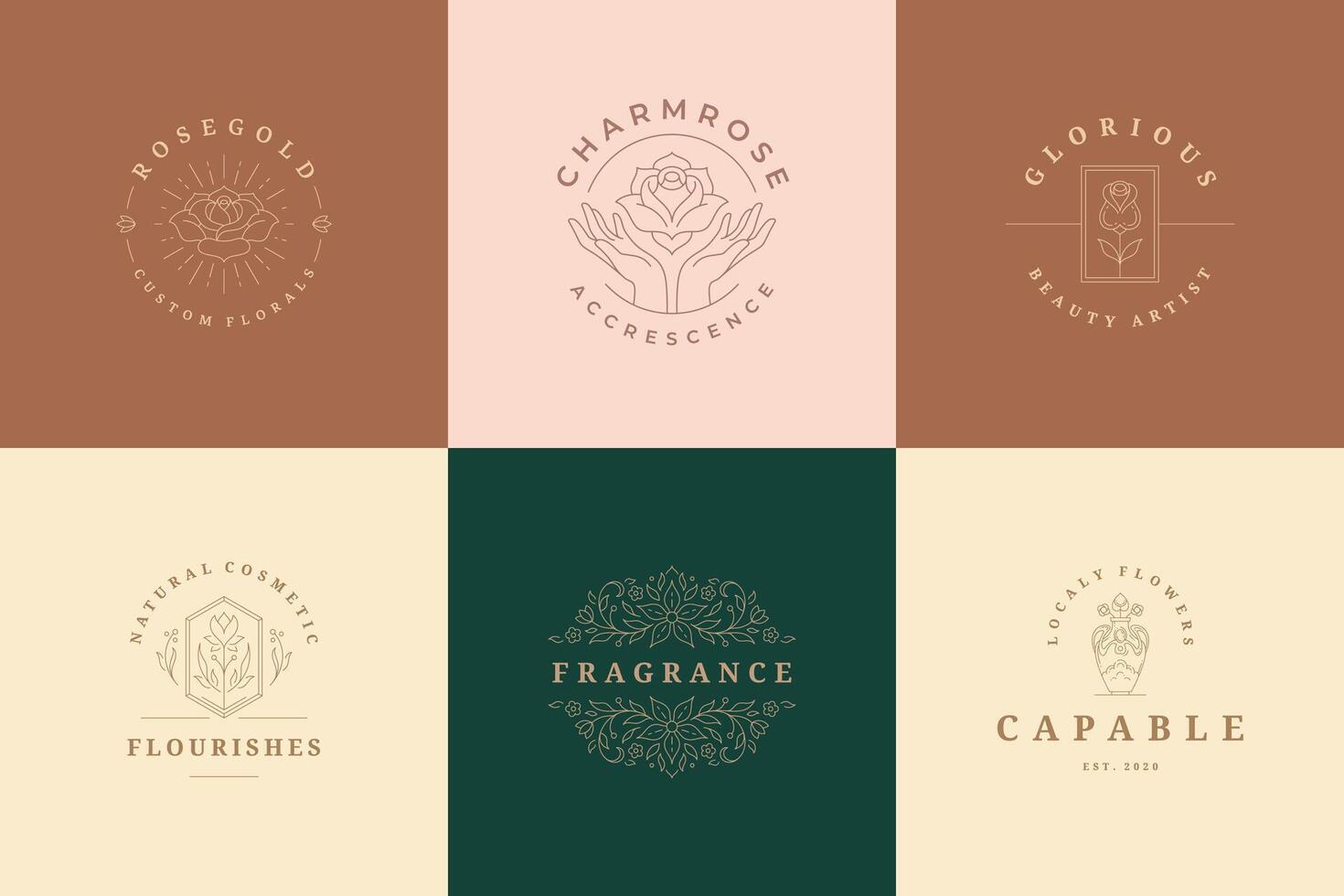 Flower logos emblems design templates set with botanical plants and rose illustrations minimal linear style. vector