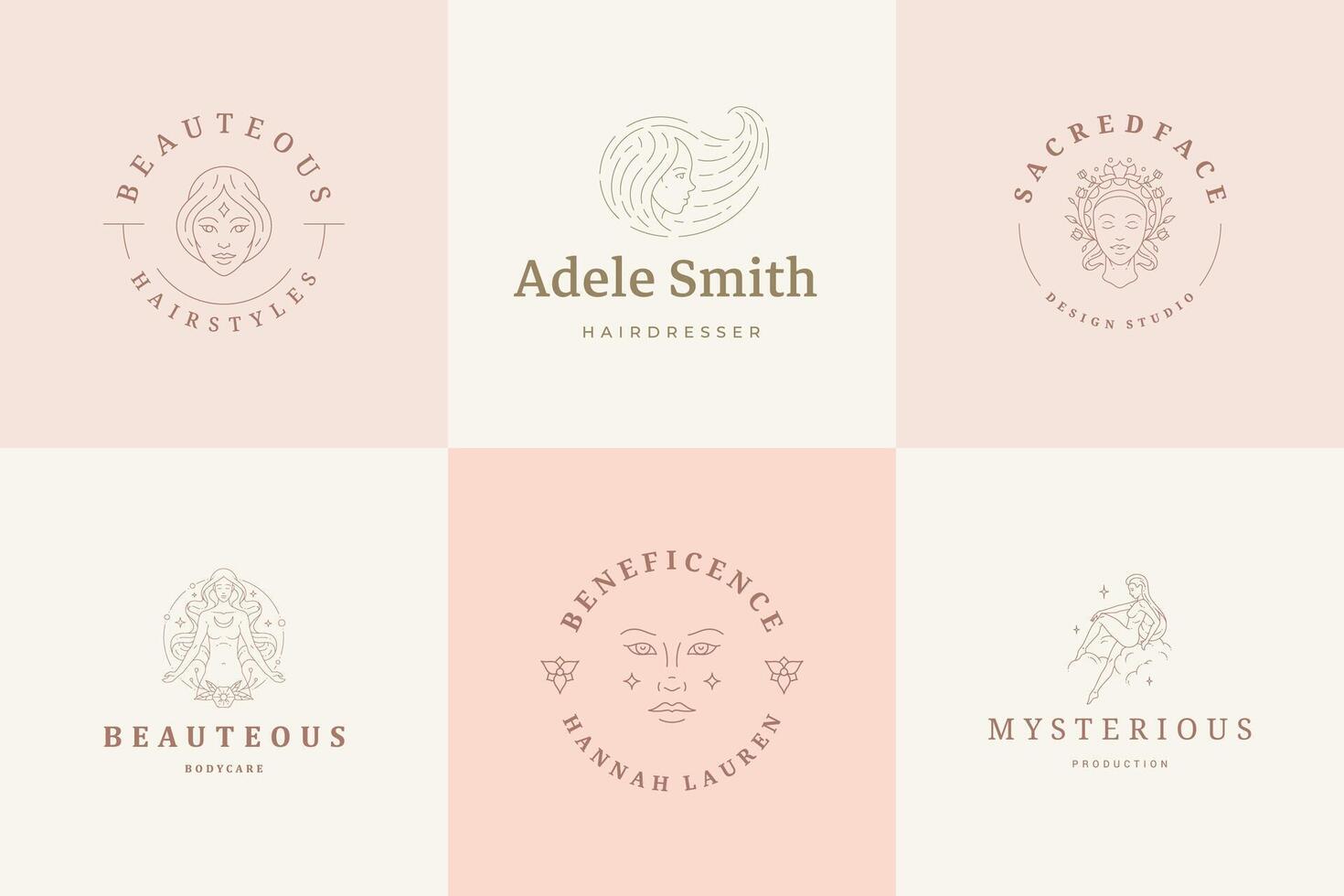 Feminine logos emblems design templates set with magic female portraits illustrations minimal linear style vector