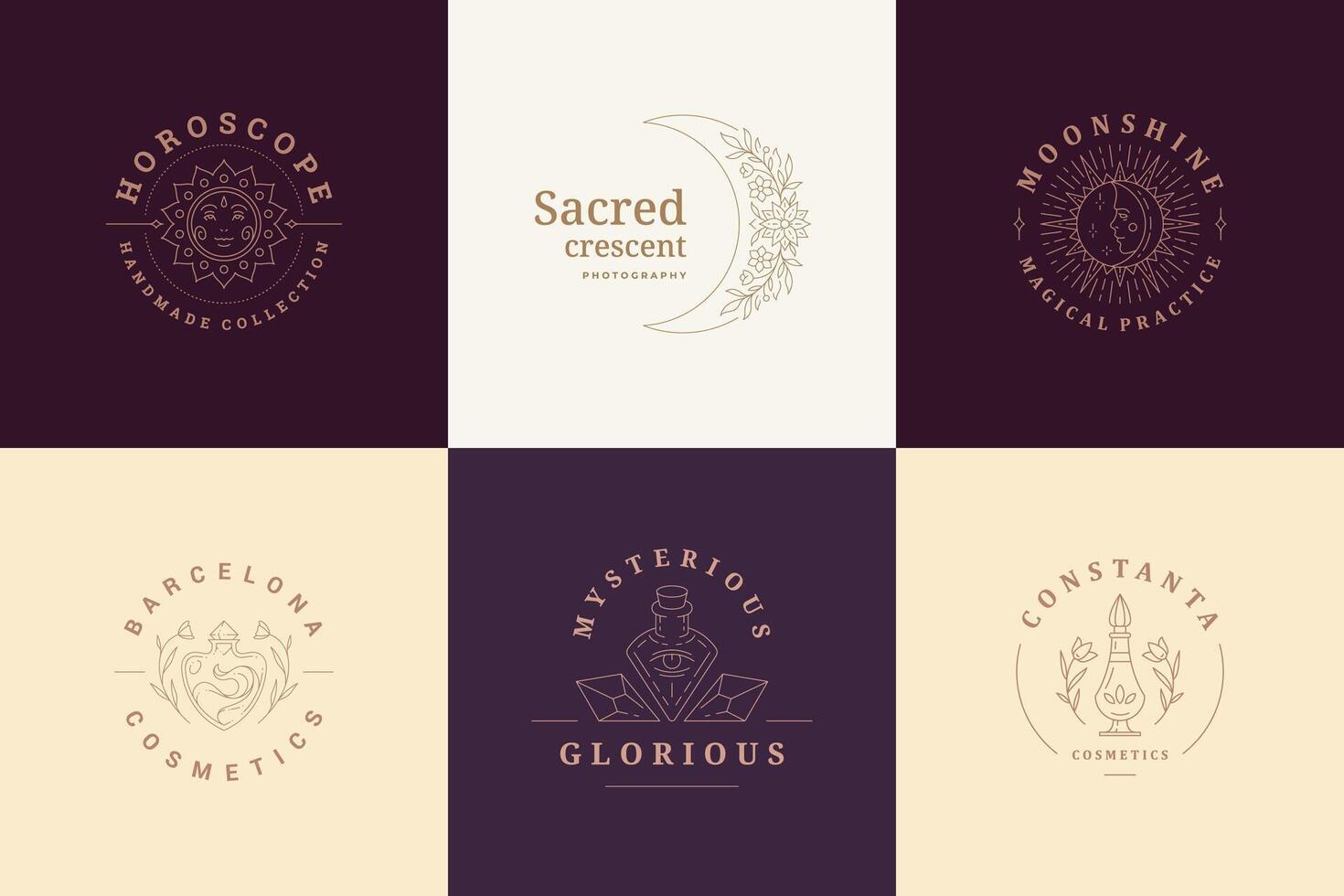 Esoteric logos emblems design templates set with mystic moon and magic sun illustrations minimal linear style vector