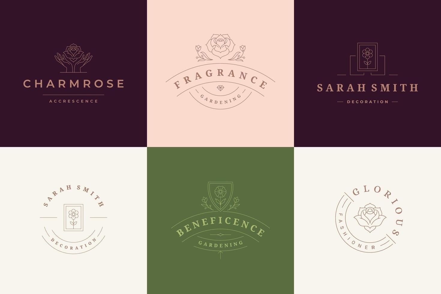 Flower logos emblems design templates set with botanical plants and rose illustrations minimal linear style vector