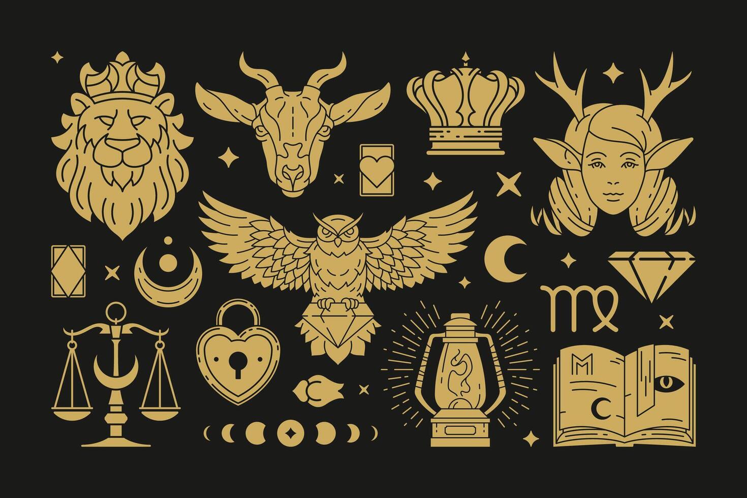 Magic mystical and celestial design elements set with zodiac icons. vector