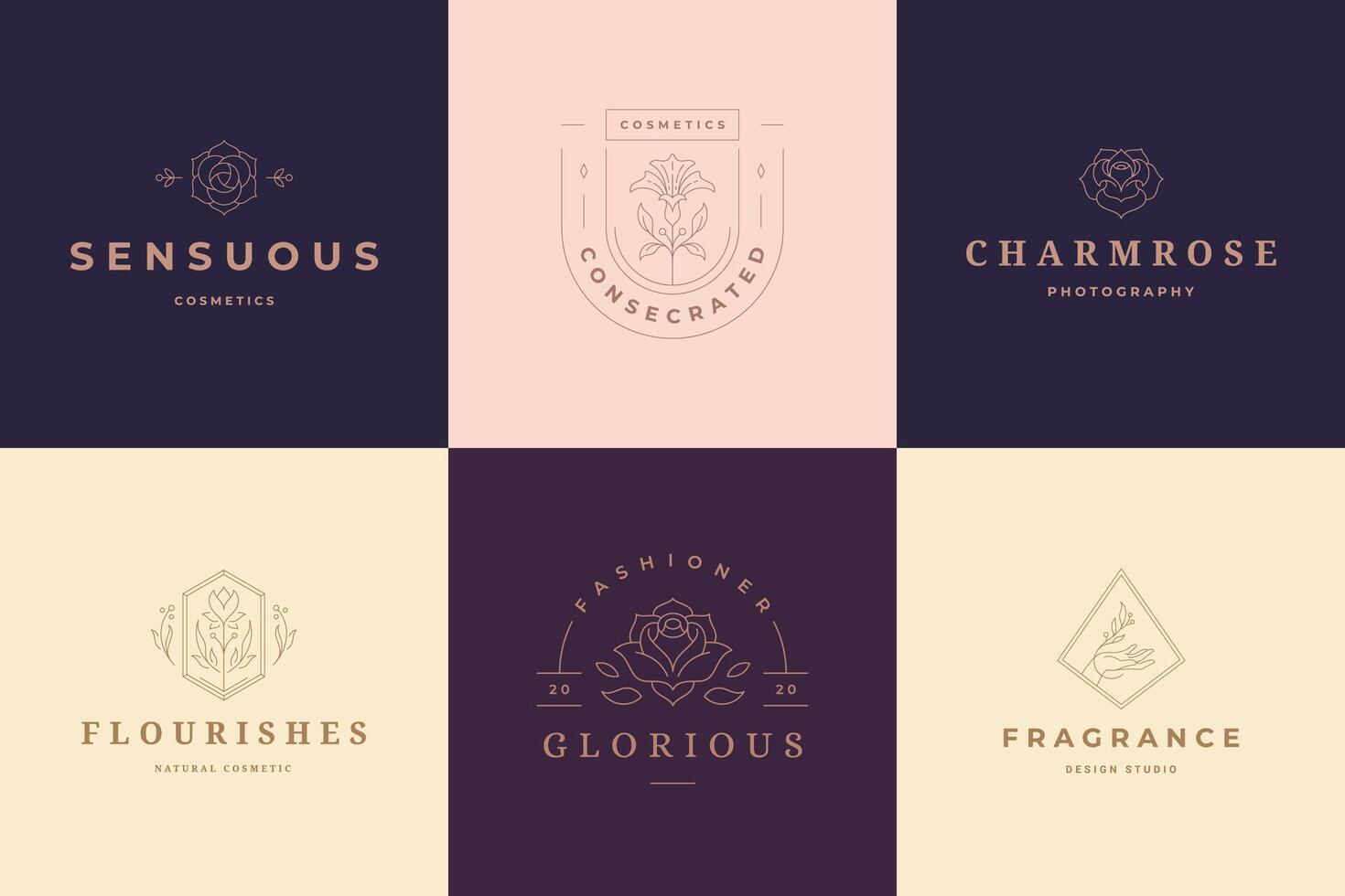 Flower logos emblems design templates set with botanical plants and rose illustrations minimal linear style vector