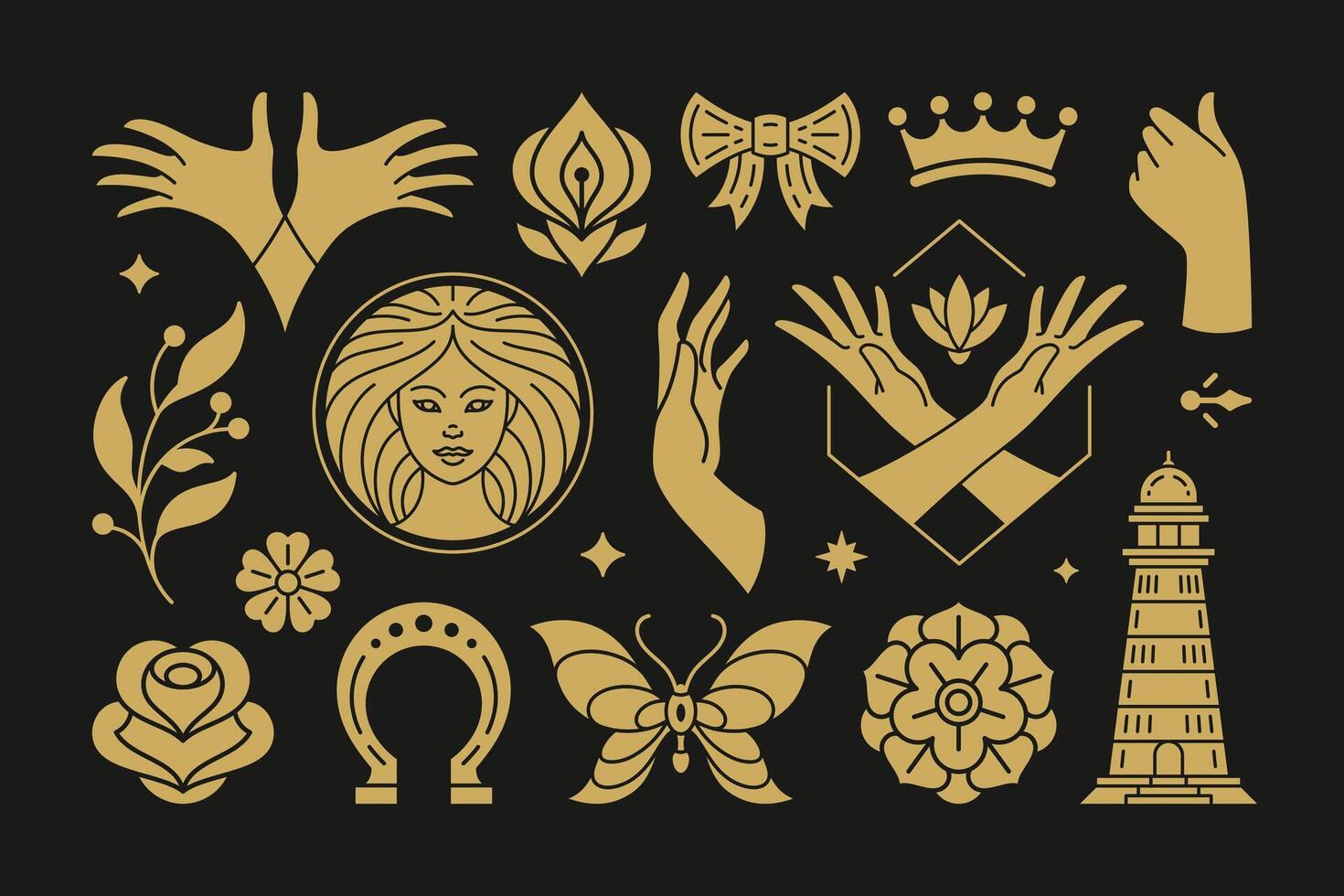 Esoteric magic and witch design elements set with female hands gestures. vector