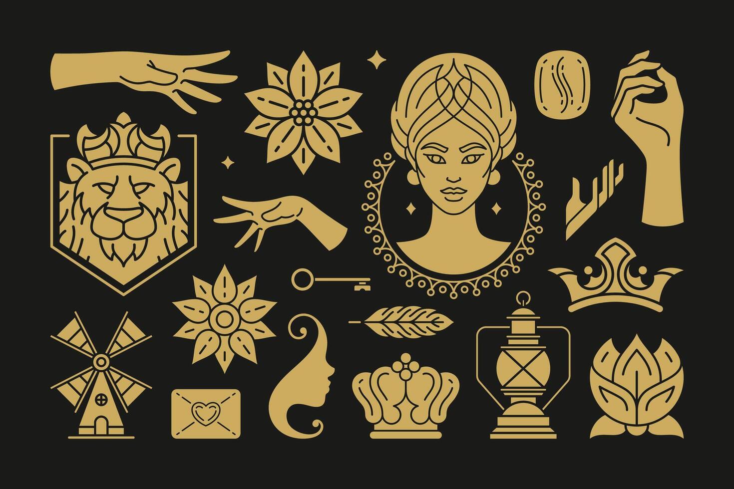 Esoteric magic and witch design elements set with female hands gestures. vector