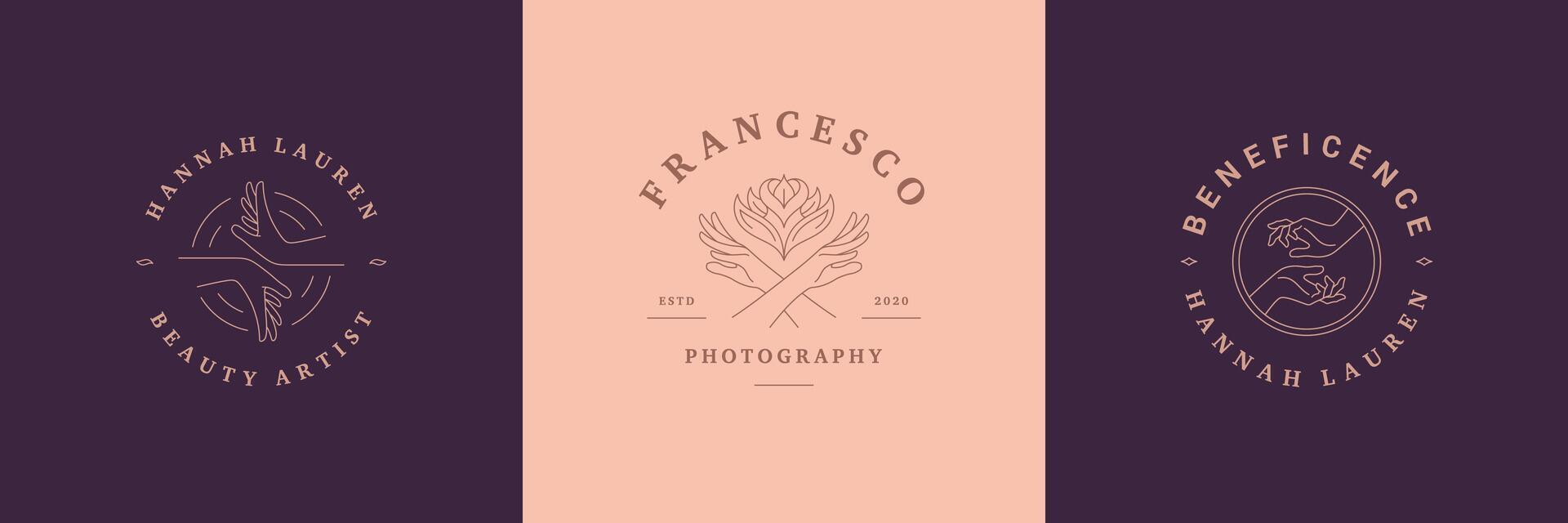 Feminine logos emblems design templates set with female hands gestures illustrations minimal line art style vector