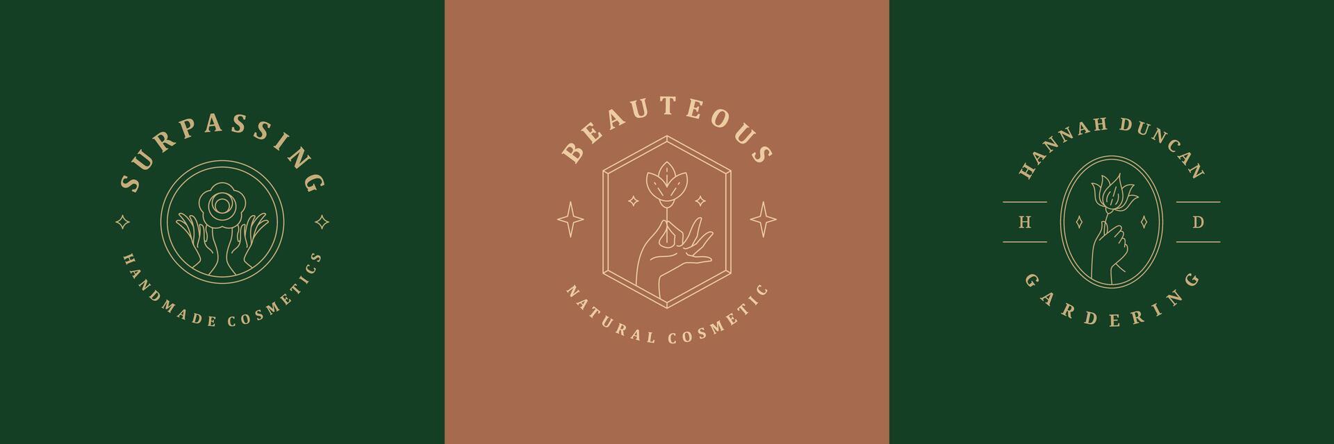 Feminine logos emblems design templates set with female hands and flowers illustrations minimal linear style vector