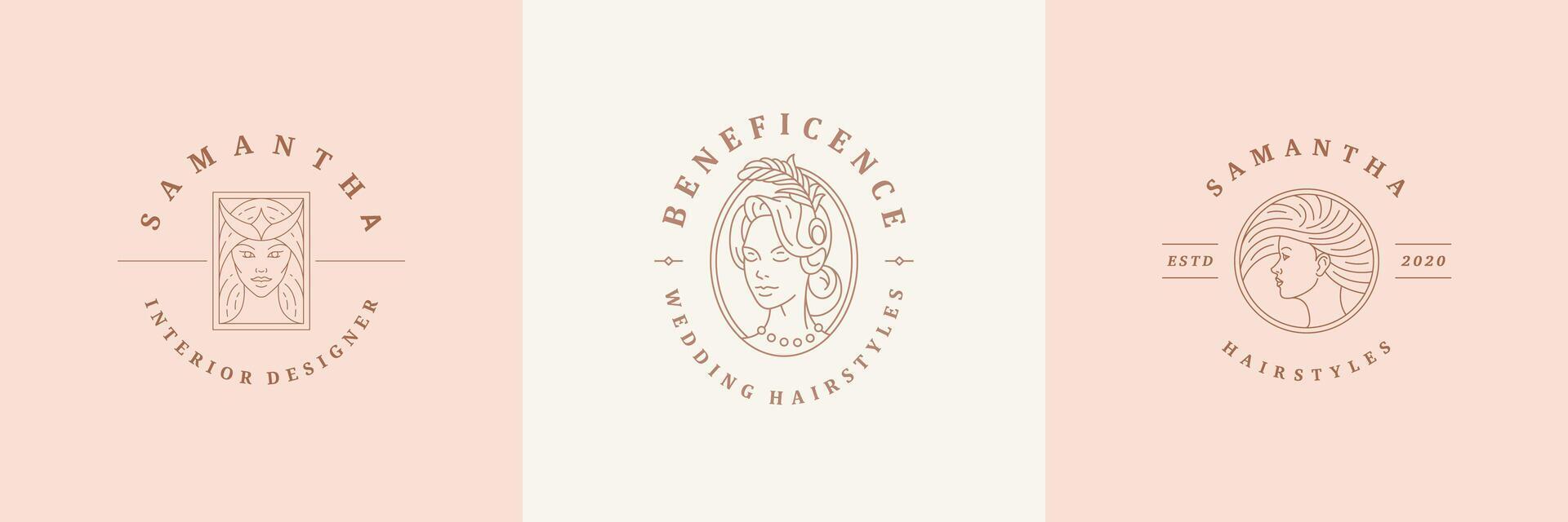 Feminine logos emblems design templates set with celestial woman portraits illustrations minimal linear style vector