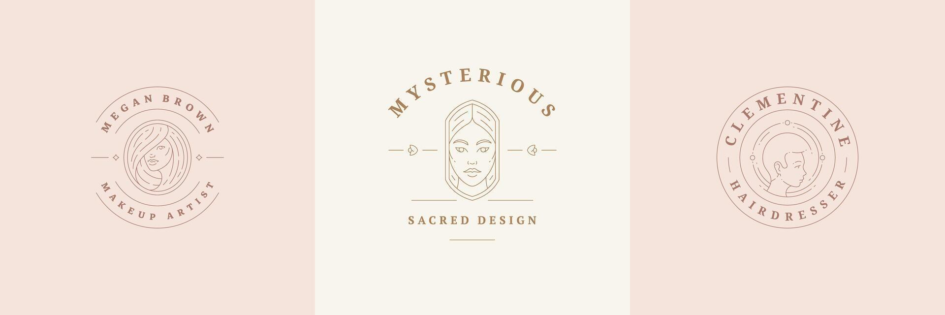 Feminine logos emblems design templates set with magic woman portraits illustrations minimal line art style. vector