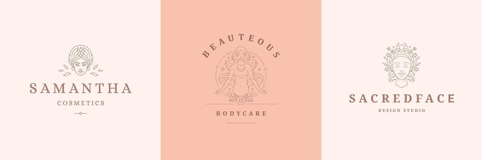 Feminine logos emblems design templates set with magic female portraits illustrations minimal linear style vector