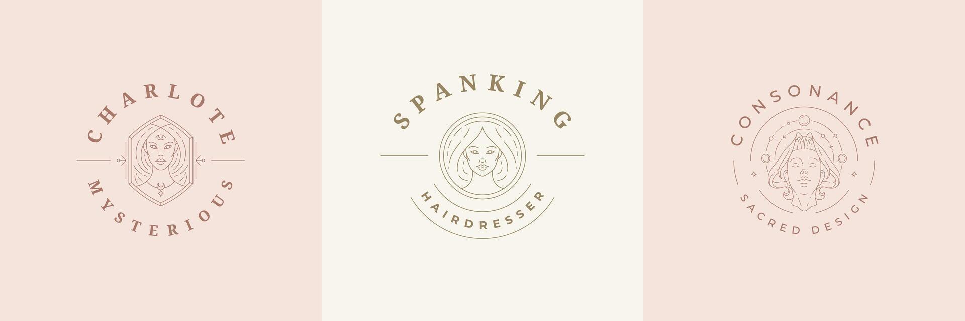 Feminine logos emblems design templates set with celestial woman portraits illustrations minimal linear style vector