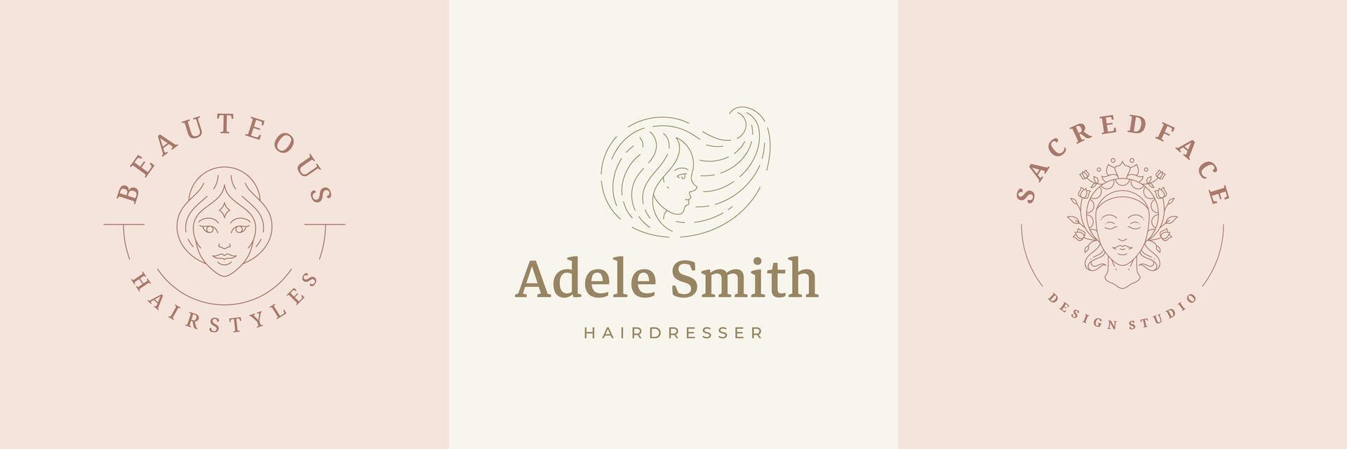 Feminine logos emblems design templates set with magic female portraits illustrations minimal linear style vector
