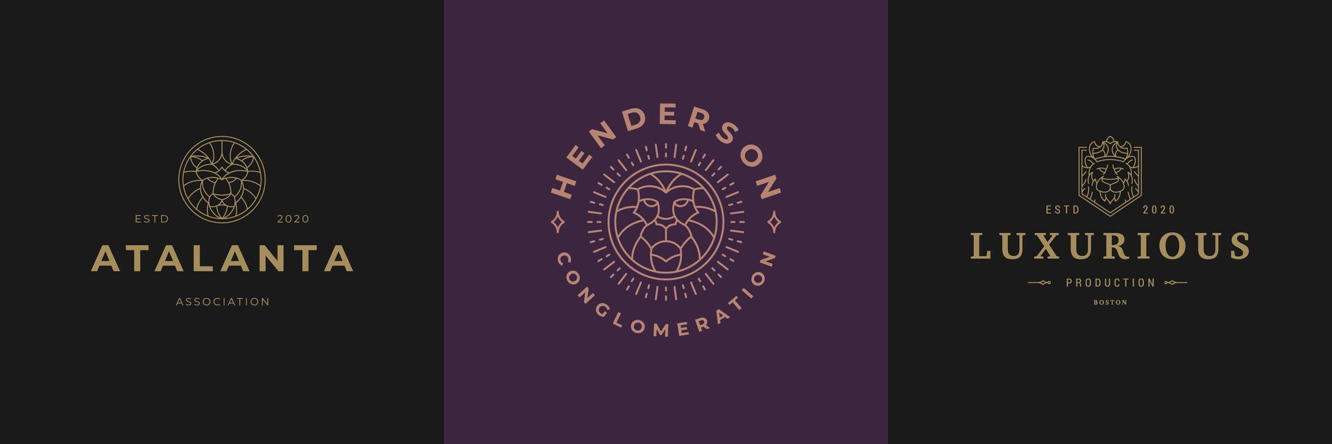 Lion head logos templates set linear illustration. vector