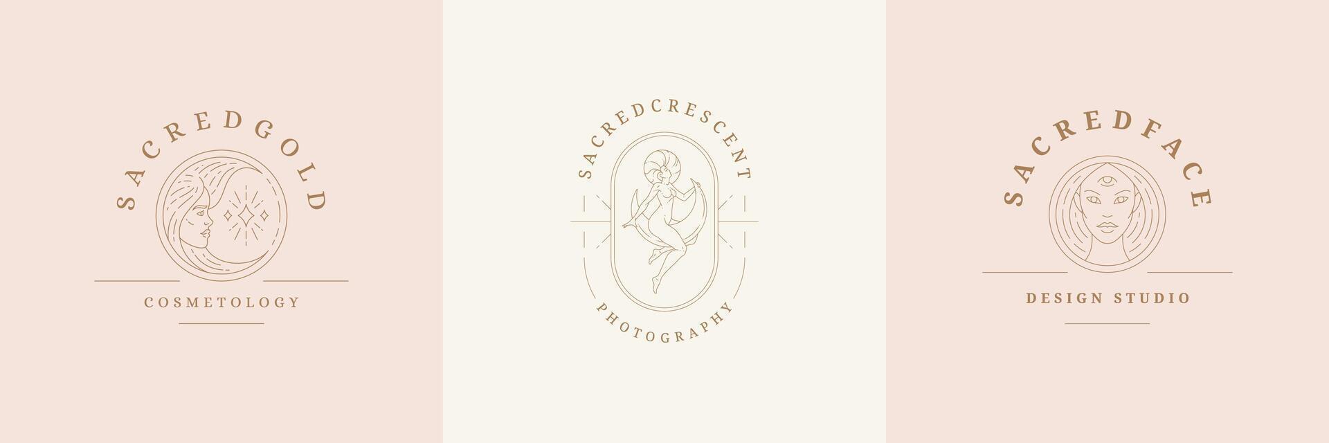 Feminine logos emblems design templates set with magic female illustrations minimal linear style vector