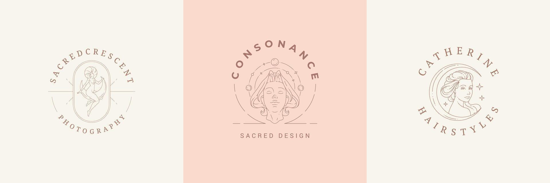 Feminine logos emblems design templates set with magic female illustrations minimal linear style vector